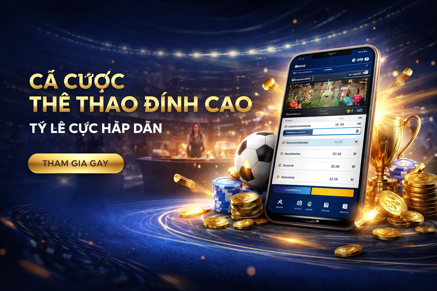 Sân vận động bóng đá với đèn sáng và dòng chữ 888clb